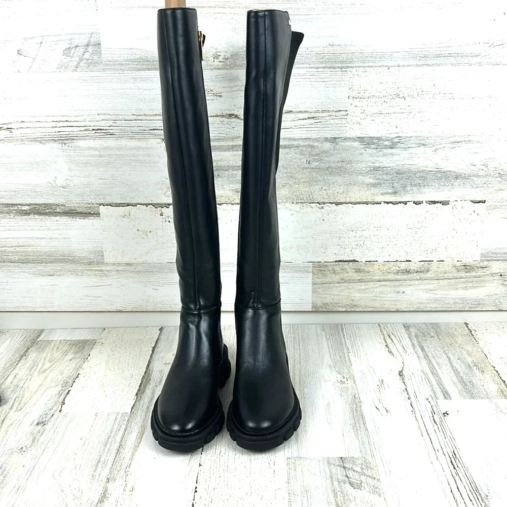 Michael Kors Womens 5 Black Ridley Leather Combat Knee High Boots NEW